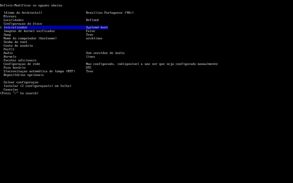 primeira tela archinstall archlinux