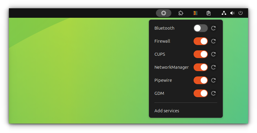 Gerenciando serviços systemd no painel superior do GNOME.