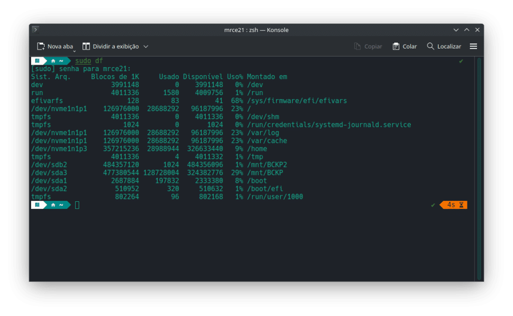 Mostrar uso de espaço em disco do Linux