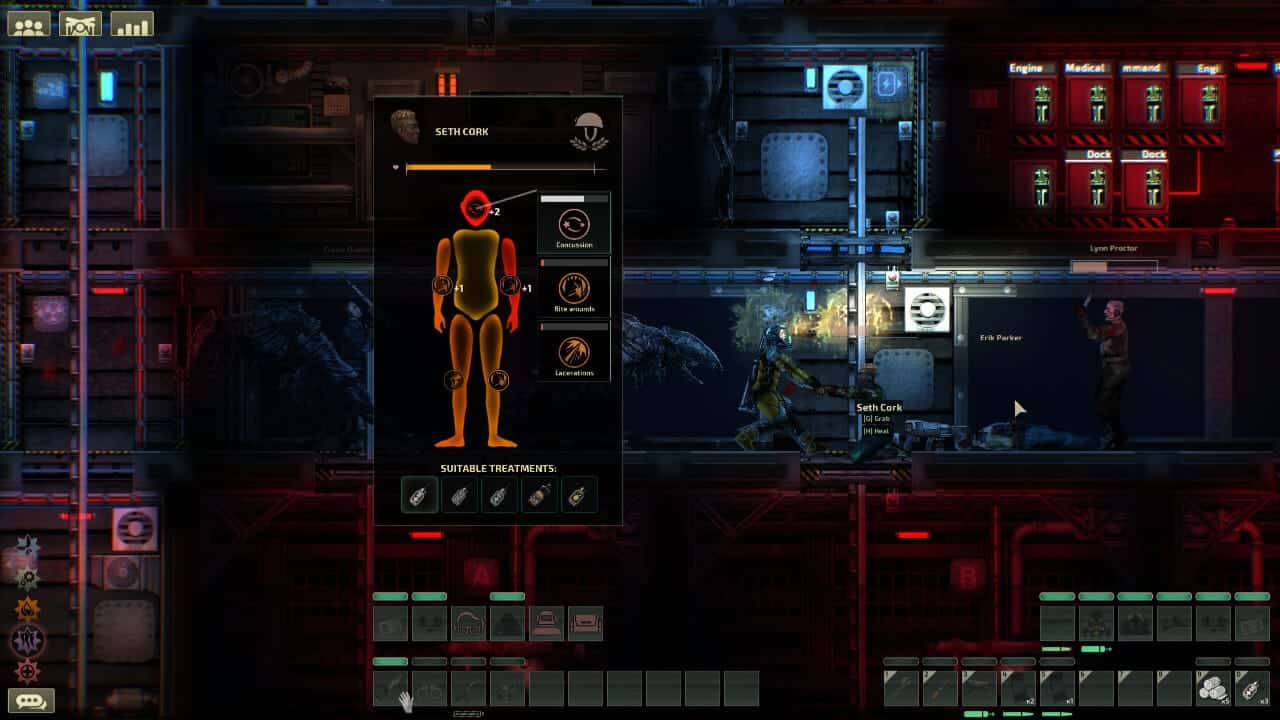 Na parte central da tela, é exibido um diálogo de status do personagem Seth Cork, que apresenta ferimentos graves por todo o corpo. Ao fundo, outros personagens seguem suas atividades no submarino.