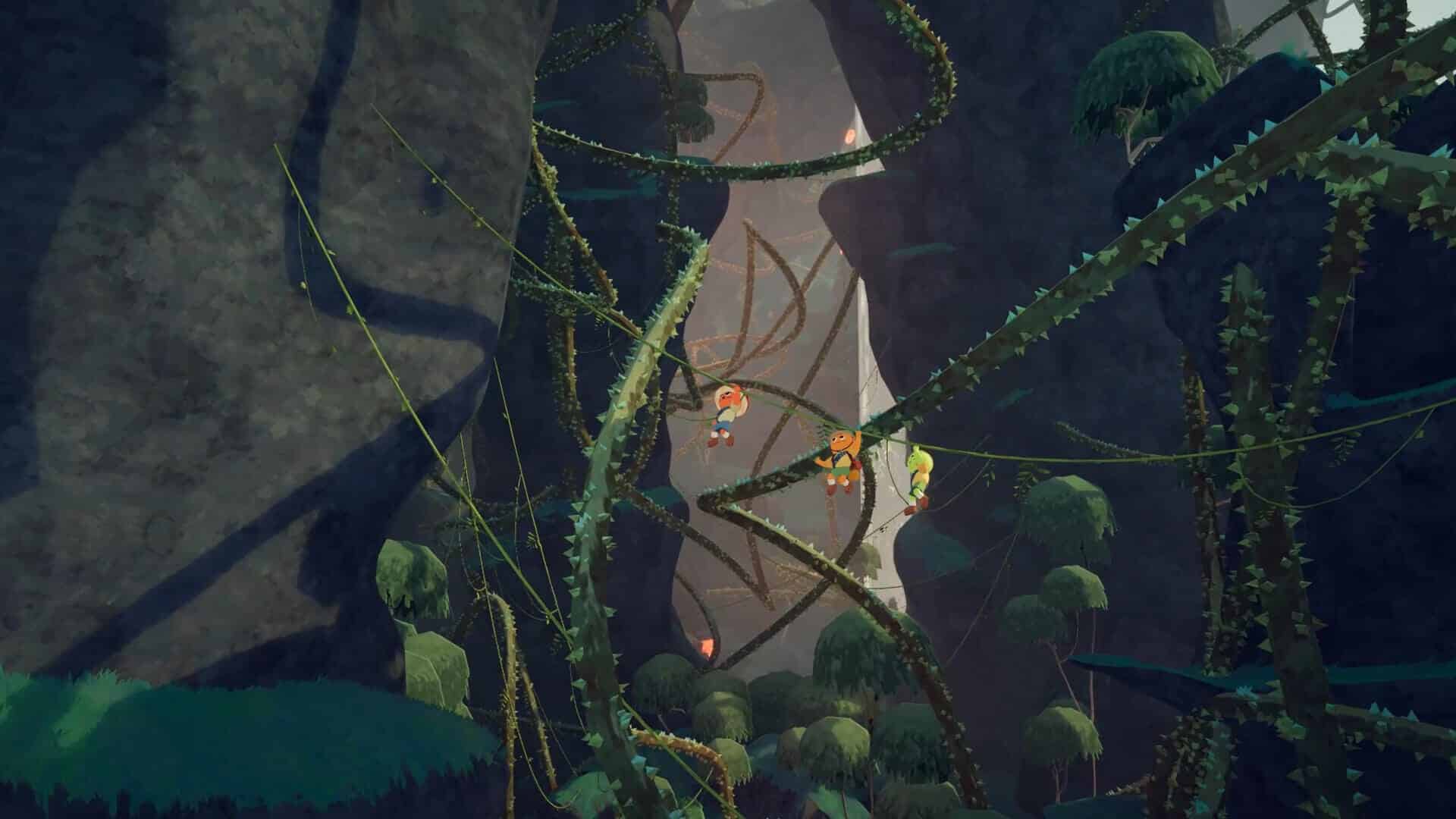Três personagens do jogo são vistos subindo por uma árvore verde e fina; há muitos penhascos por perto.